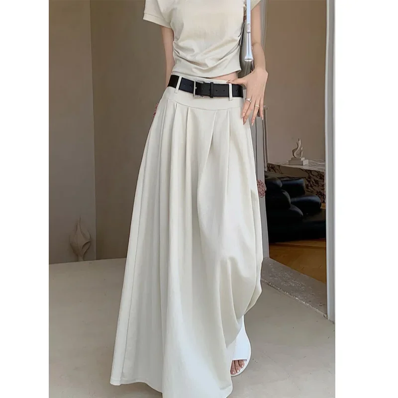 

Temperament High Waist White Half Skirt Women's Summer Long Skirt Streetwear Slim Casual All-match Pleated A-line Skirt