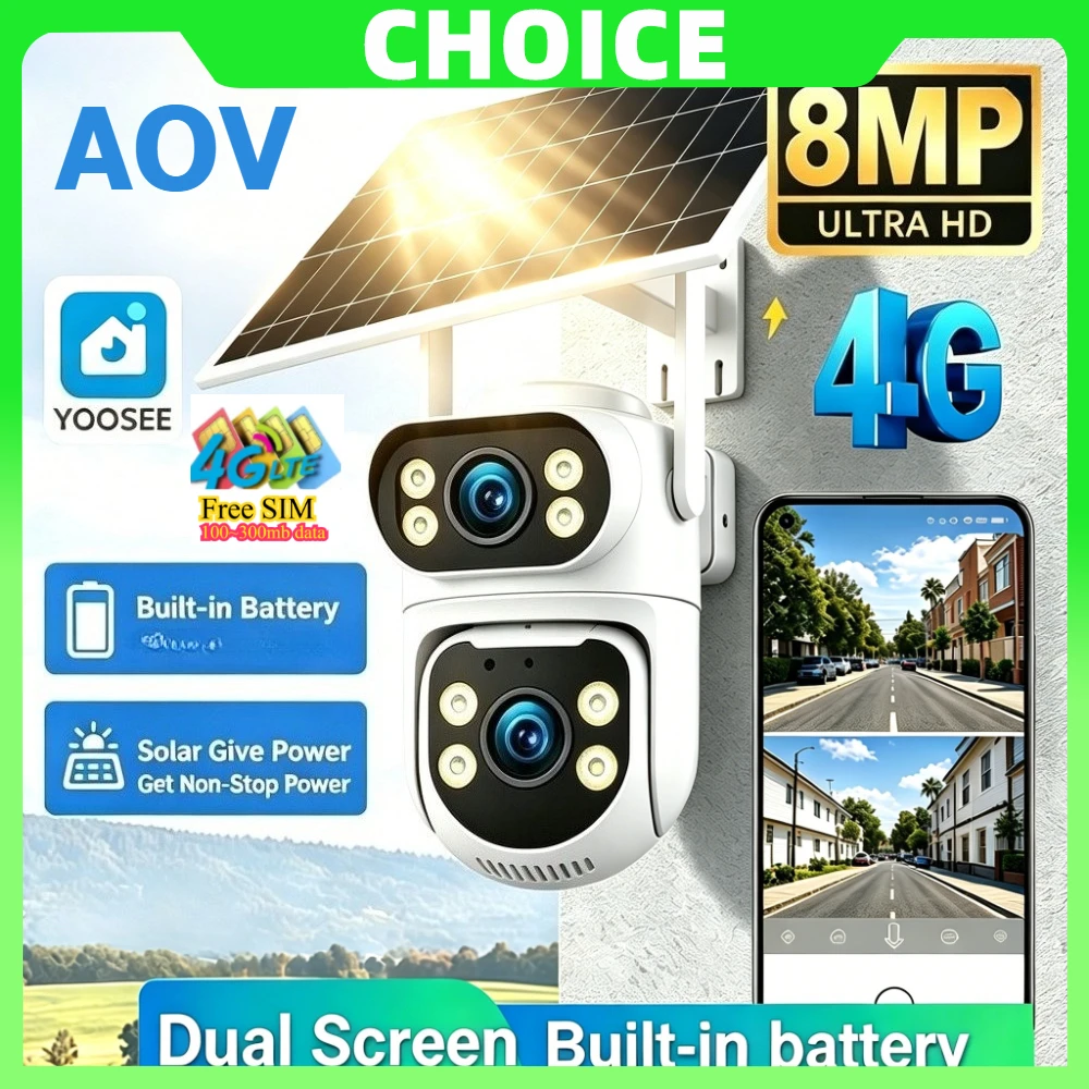 Yoosee 4G Solar Security Camera,No WiFi Needed,Dual Screen 4K Wireless Solar Powered CCTV 4G Sim Solar Surveillance
