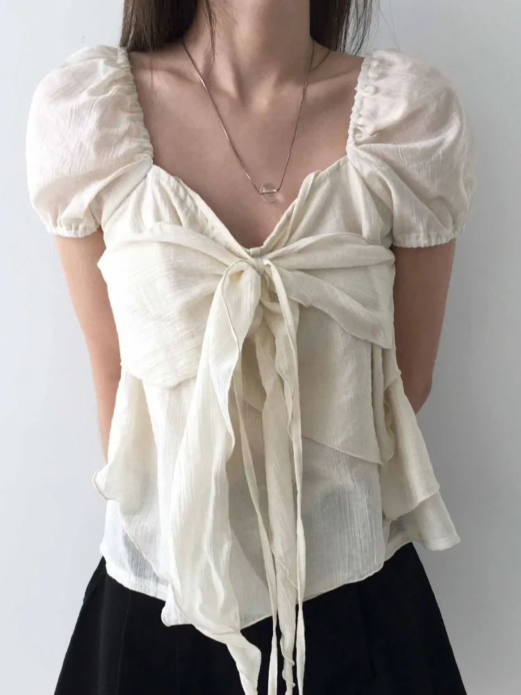

Chic Summer Short Sleeve Shirt Women's Korean Style Bubble Sleeve Top Bow Tie Design Sensation Floral Fashionable Youthful