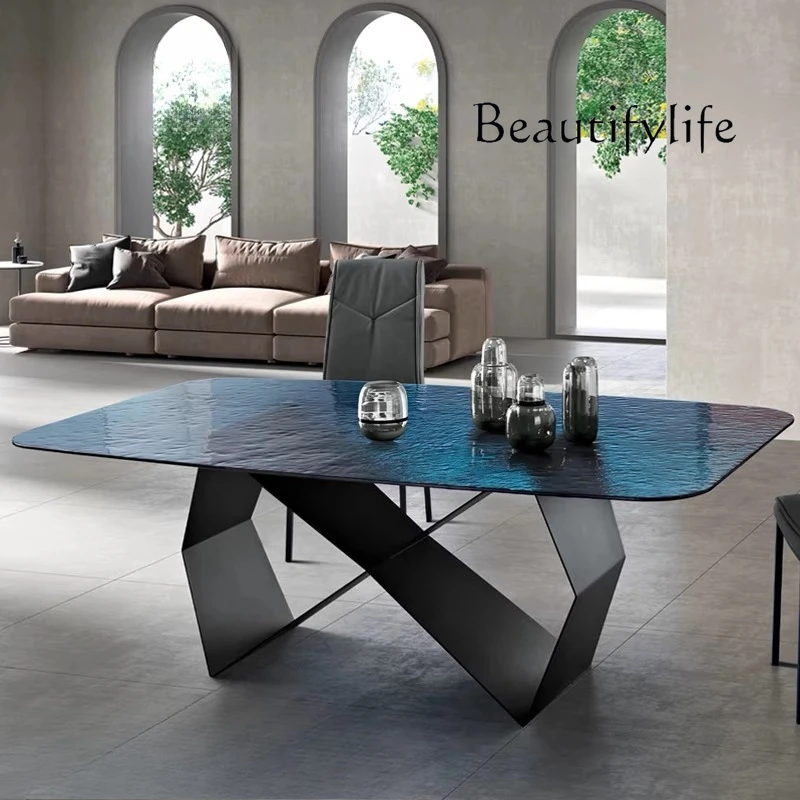 Italian light luxury hot melt water corrugated dining table villa living room tempered glass rectangular table stainless steel t