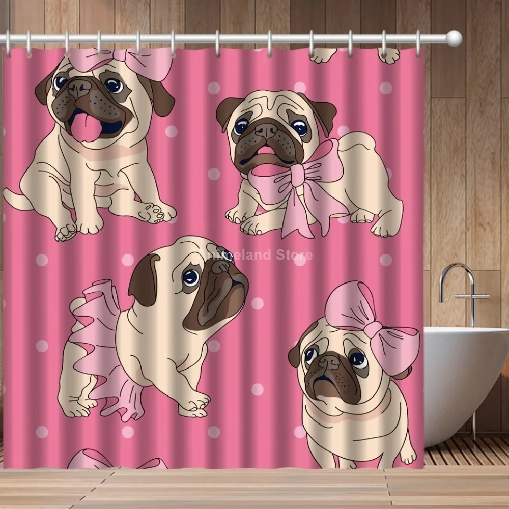 Pug Animal Dog Cute Fashion 3D Print Shower Curtain Bathroom Set With Waterproof Hook Bath Curtains Cartoon Kids African Funny