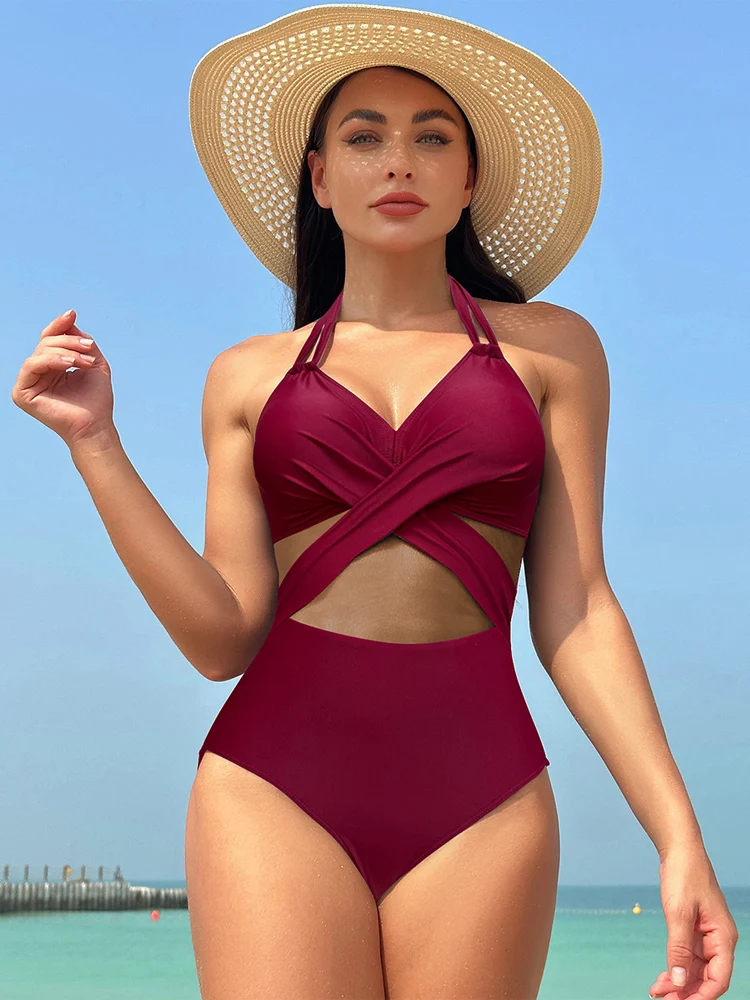 Solid Color Hanging Neck One Piece Swimsuits 2023 Woman Sexy Mesh Bikini Swimwear High Waisted Backless Brazilian Beach Outfit