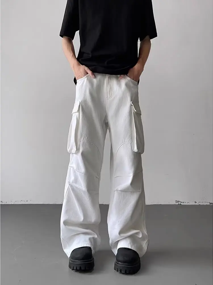 Jean Baggy Plissé Blanc à Jambes Larges pour Homme, Pantalon Cargo à la Mode, Y2K, 2024