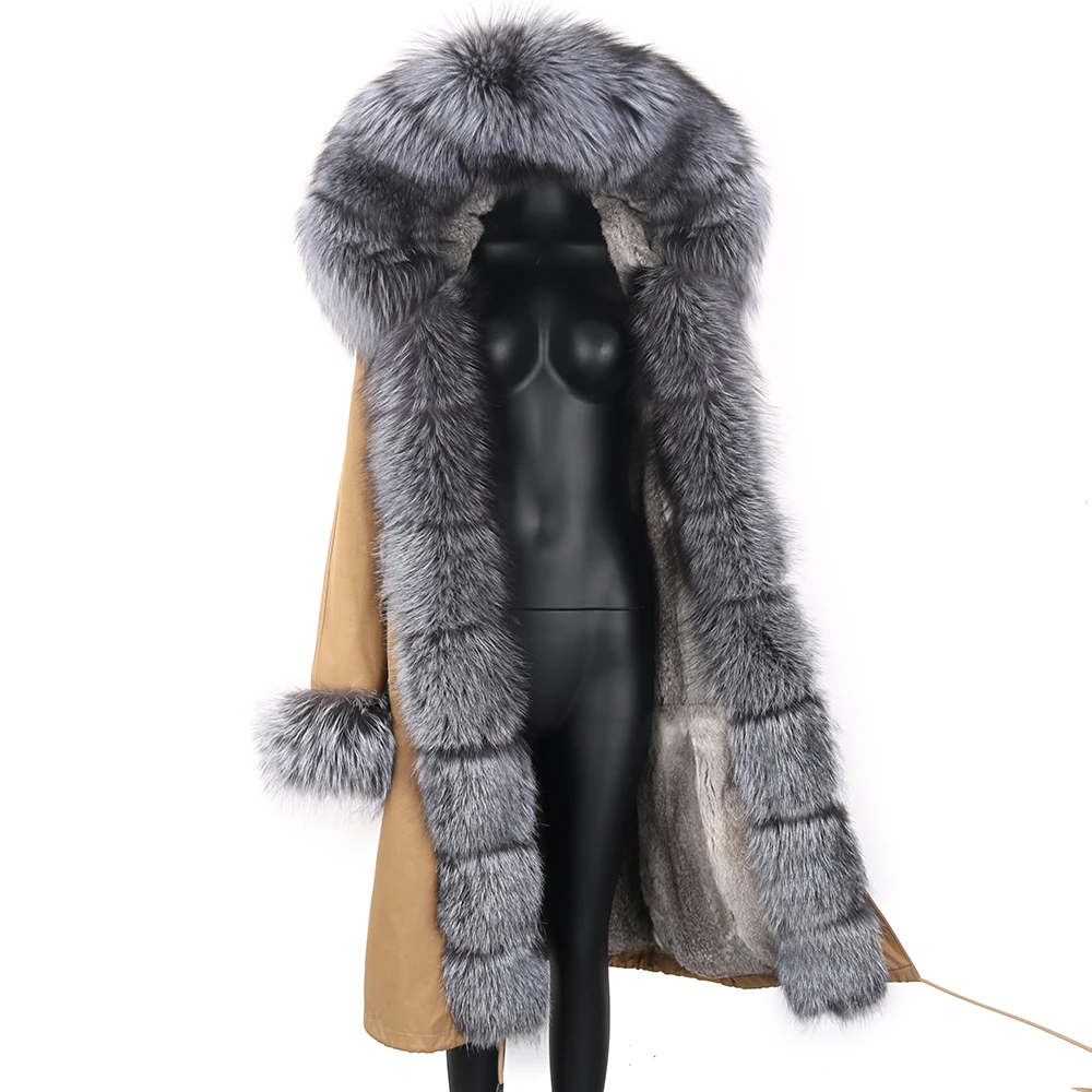 Winter Real fox fur parka women inside real rabbit fur lined parkas with fox fur hood women Jacket Outerwear Detachable good