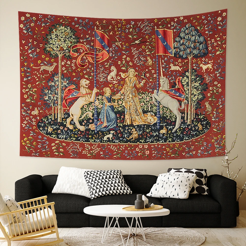 Medieval Lady And The Unicorn Tapestry Wall Hanging Multifunction Home Decor Background Decor Bedspread Blanket Mat Covering