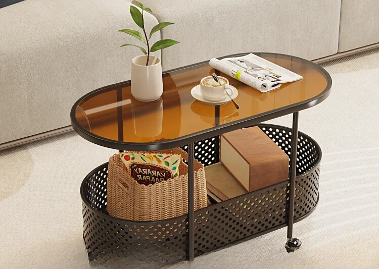

Nordic tempered glass movable sofa side table simple modern living room household side cabinet small coffee table trolley