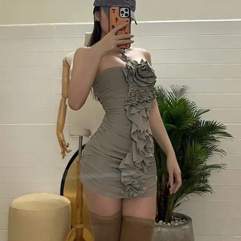 Vestido ajustado con sujetador y volantes para mujer, en 3D Falda corta con flores, elegante y Sexy, para chica picante, 2024, CSM73-4