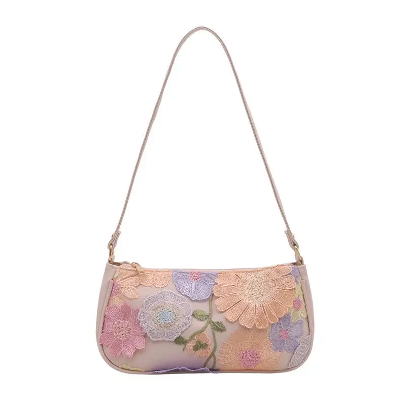 White Light Pink 3D Colorful Floral Embroidery Mesh Crescent Flower Shoulder Handbag Elegant Hobo Bag Purse Commute for Women