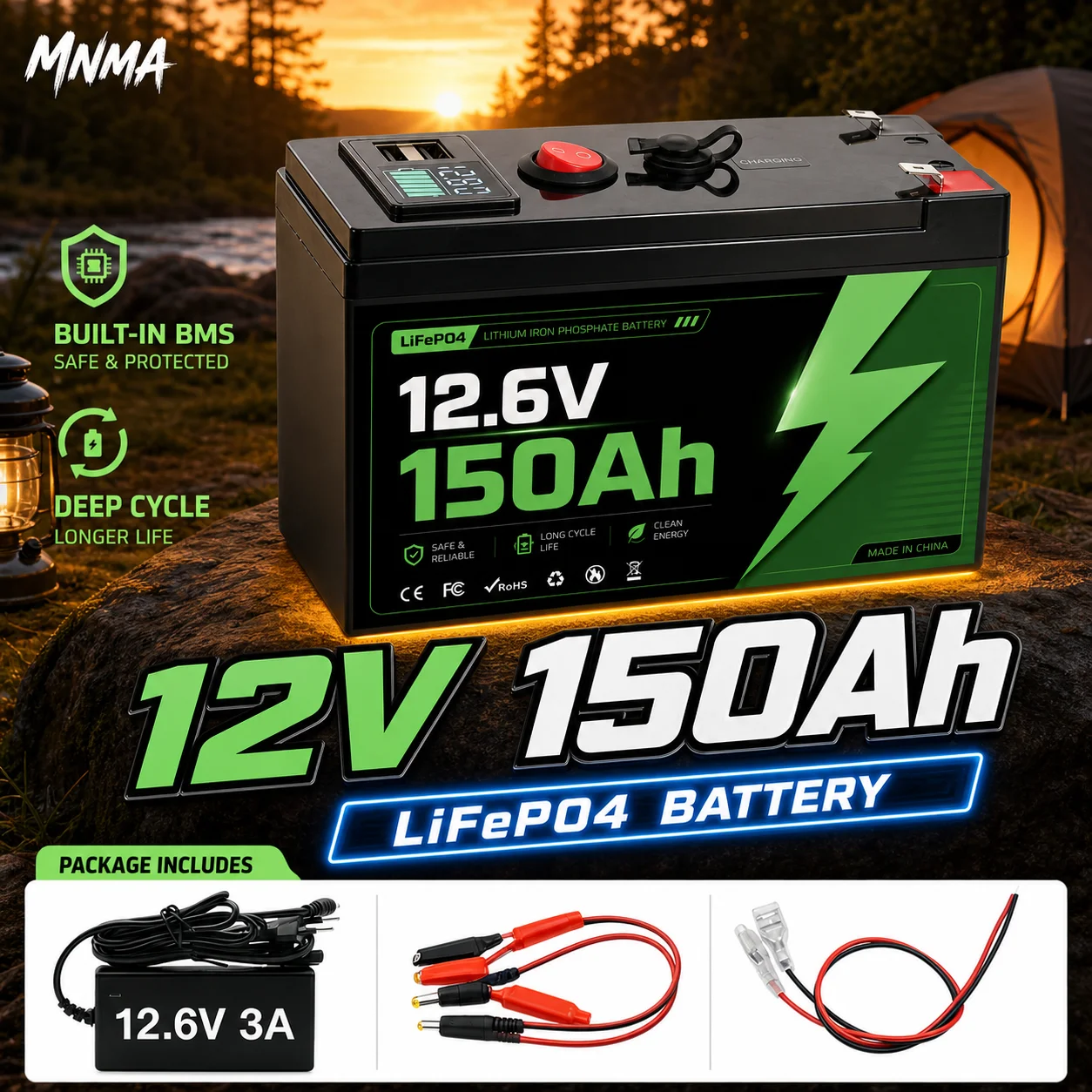 12V 150Ah lithium battery LiFePO4 deep cycle battery, 8000+cycle battery for fish detectors, power wheels, lighting, etc