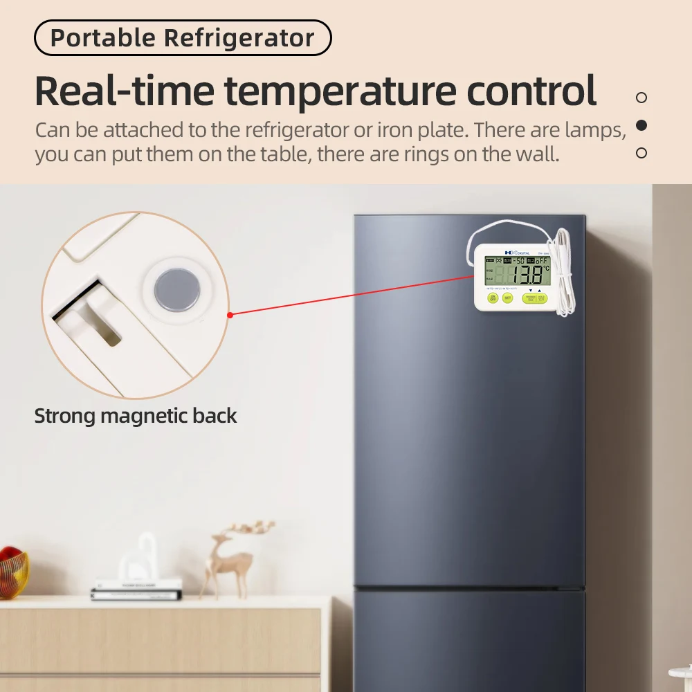 Penguji Suhu Termometer Digital LCD -50 hingga 100 ℃   Pengukur Suhu dengan Probe Eksternal Alarm Overtemperatura Bagian Belakang Magnetik Kuat