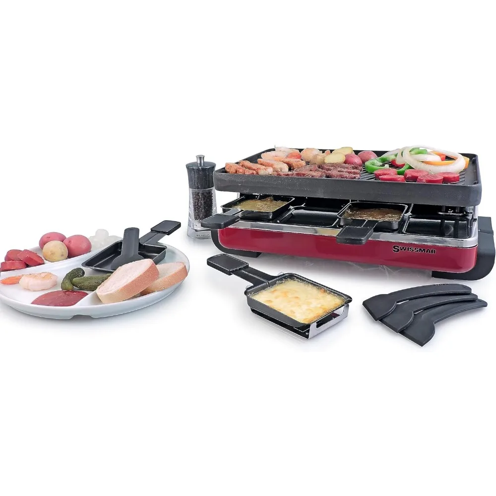 Raclette KF-77046 Classic para 8 personas, placa de Gril Reversible de hierro fundido/parte superior de crepé, Color Rojo