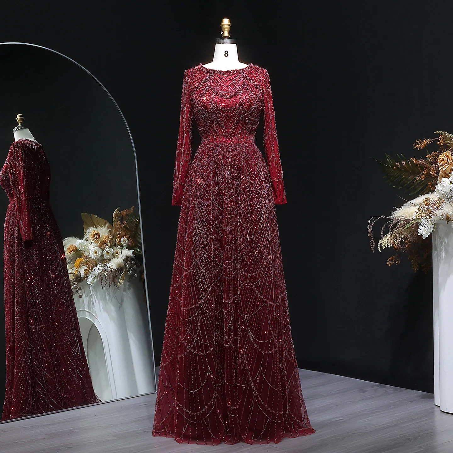 Sharon Said Luxuriöses Dubai-Abendkleid mit grünen Perlen und langen Ärmeln, Saudi-Arabisches Damen-Hochzeitskleid, formelle Partykleider SS625, maßgeschneidert – Detail 14