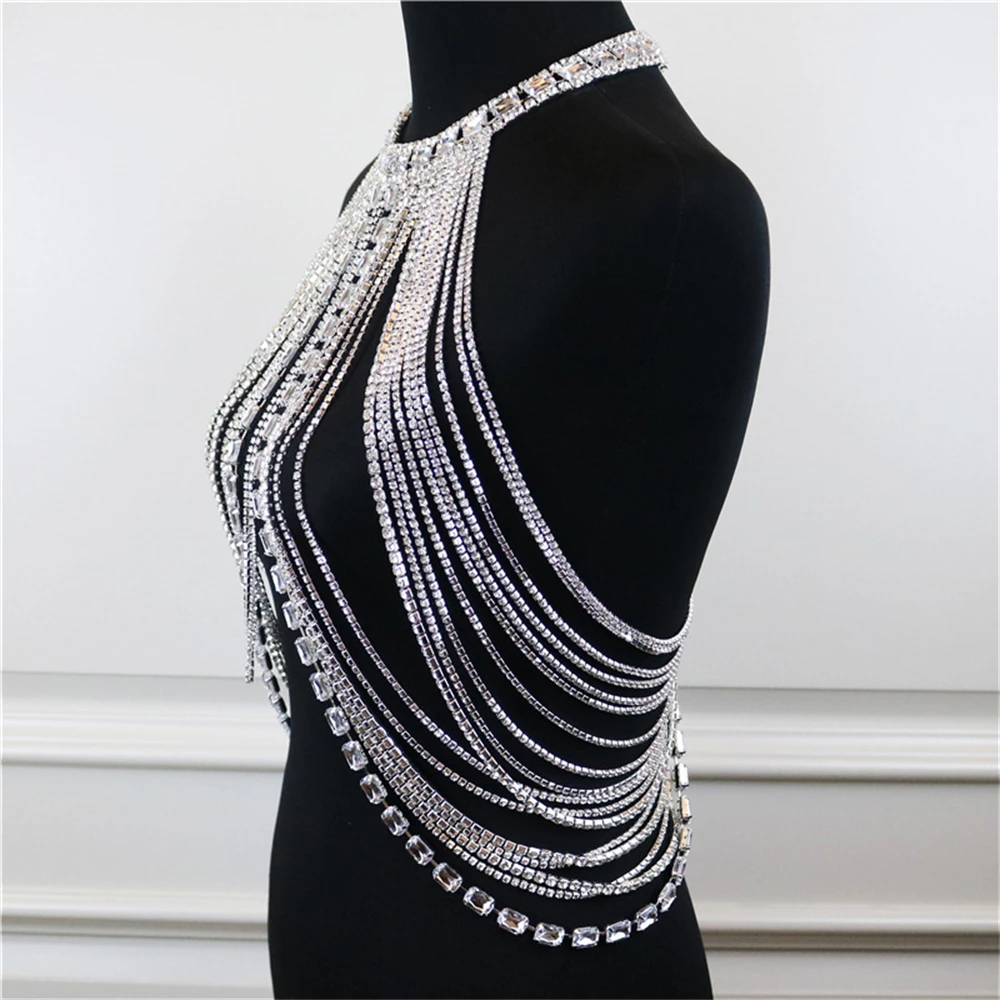 Personality Shiny Big Rhinestone Body Bra Chain Jewelry Exaggerated Fashion Banquet Party Crystal Bra Chain Jewelry Jewelry