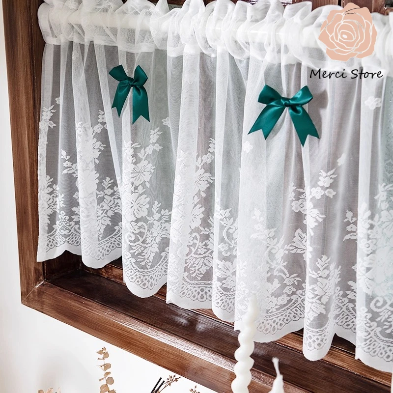 

French Pastoral Lace Half Short Door Gauze Curtains Tulle for Living Room American Country Kitchen Partition Velcro Patch