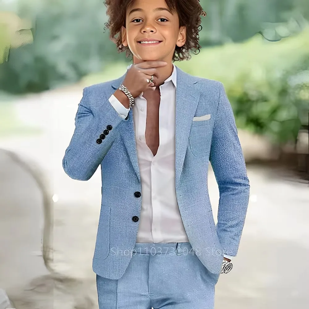 Blue Boys Linen Suit Set 2 Pieces Jacket Pants Handsome Comfortable Kids Tuxedo for Outdoor Activities Summer Beach Wedding Wea