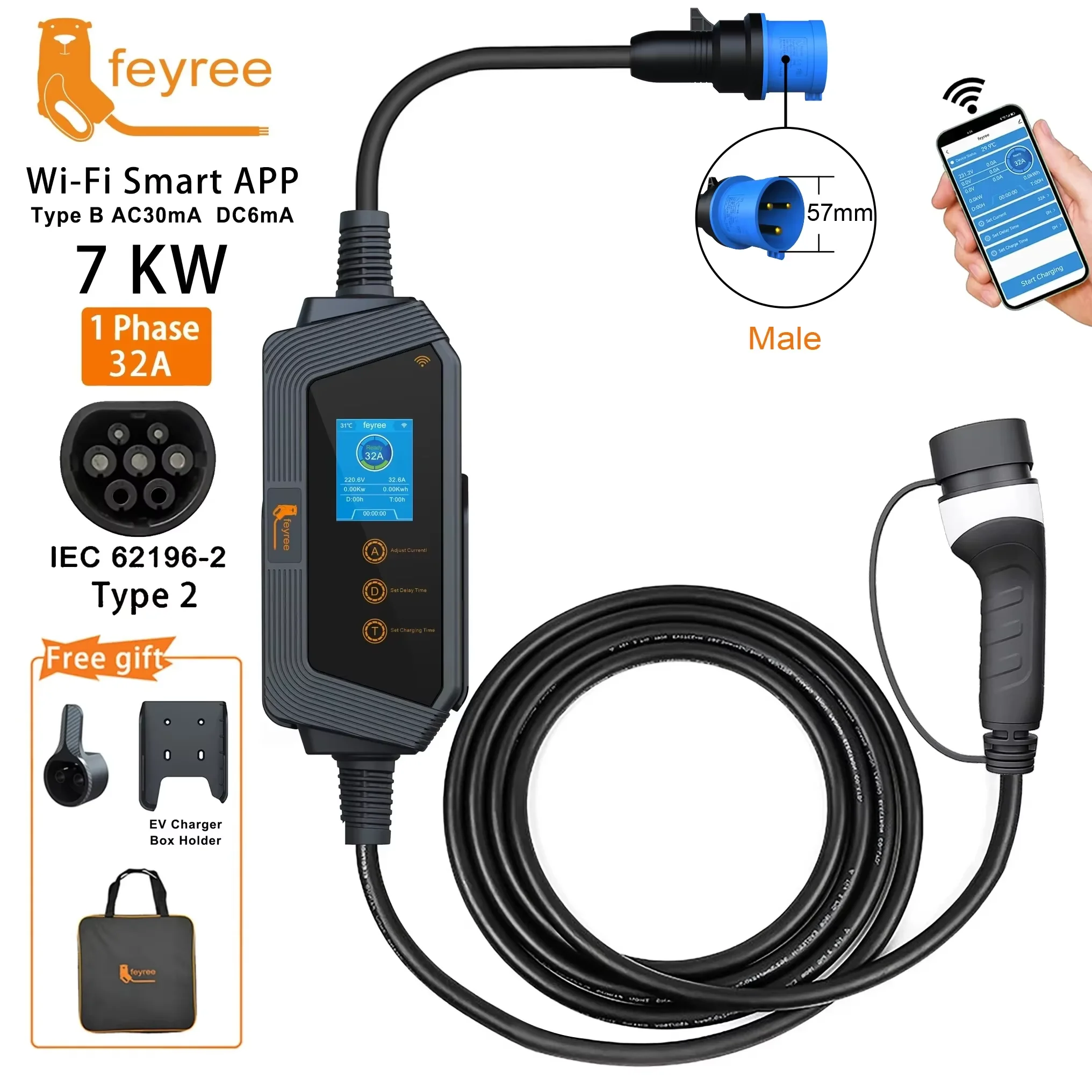 feyree Tragbares EV-Ladegerät Typ 2 32 A 7 kW Schnellladung für Elektrofahrzeuge APP-WLAN-Steuerung per Einstellstrom- und Ladezeit