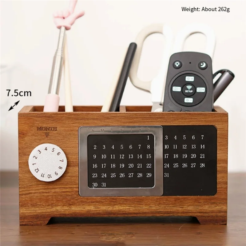 

AP-Wooden Calendar Pen Holder Multifunctional Desktop Organizer Stationery Pencil Storage Box Remote Control Storage Box