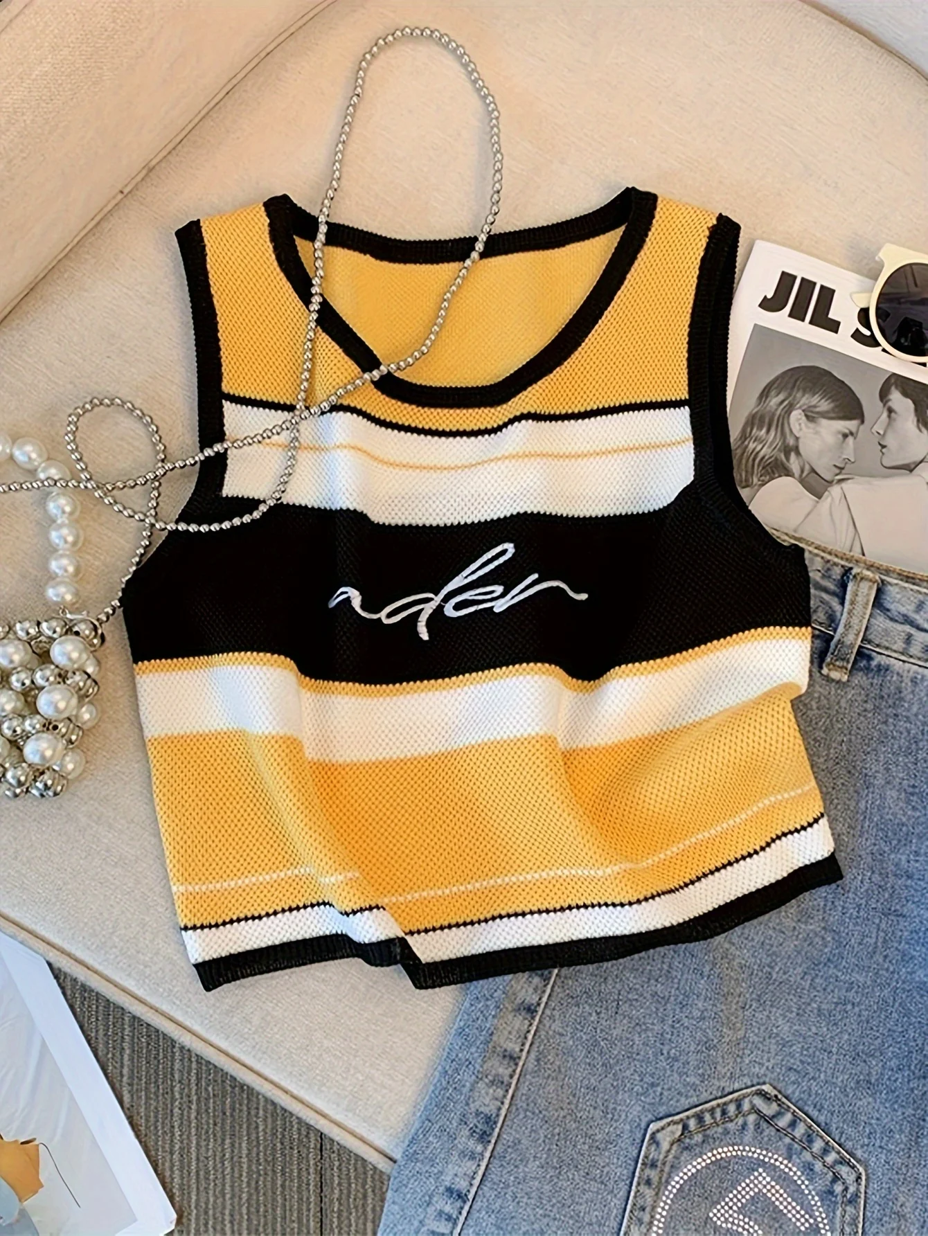 2024 New Yellow Embroidery Letter Print Striped Tank Top Casual Sleeveless Tank Top For Summer Women\'s ClothingElastic  Crop Top