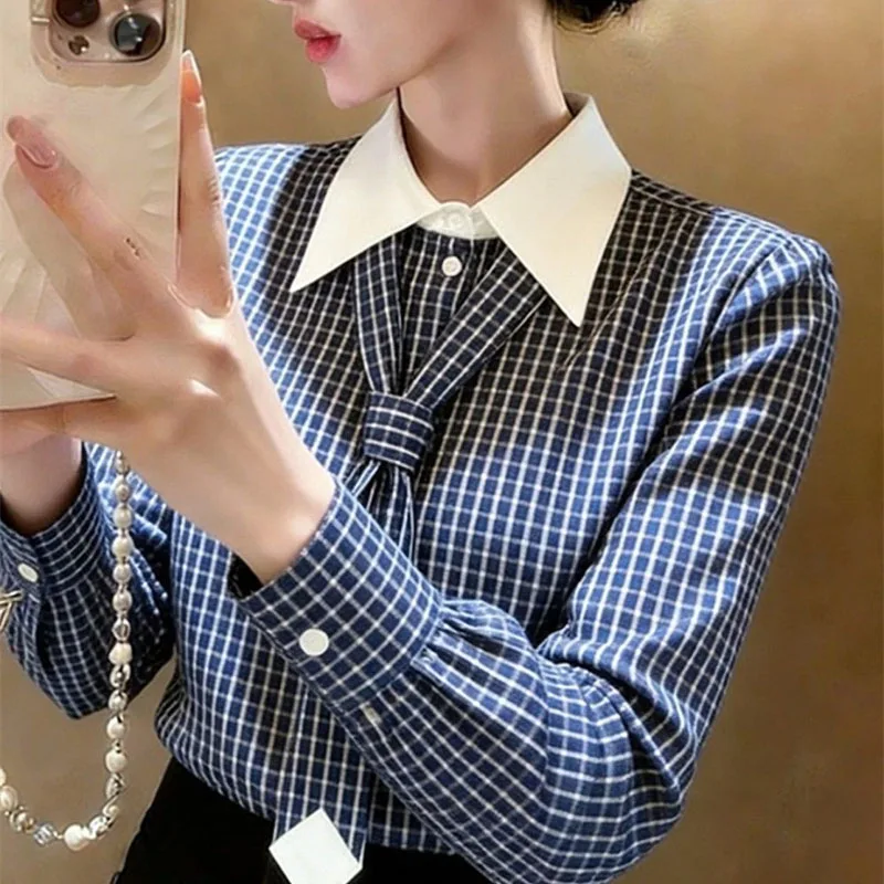 

New Women Shirt Blouse Spring Autumn Detachable Tie Design Color Contrasting Collar Splicing Temperament Plaid Long Sleeve Shirt