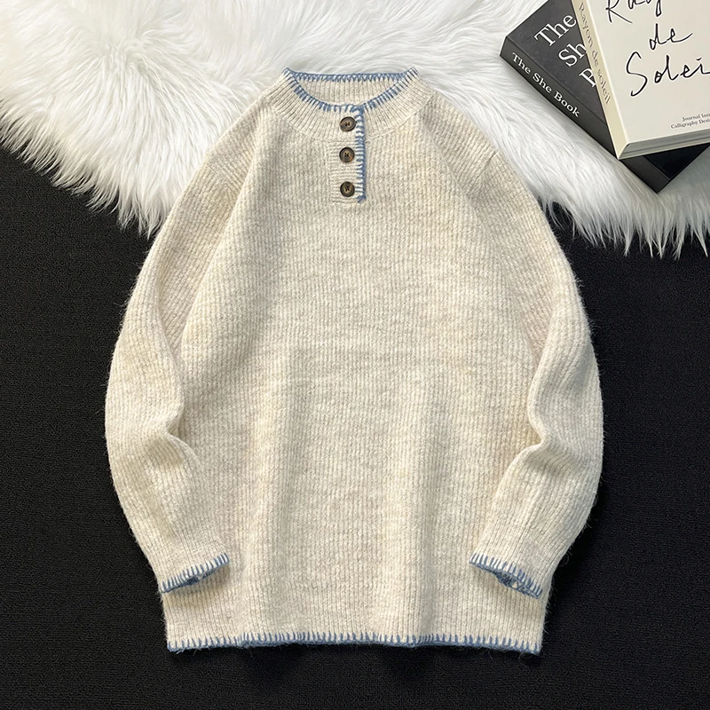 Warmth And Style Men's Knitted Long Sleeve Sweater Button up Loose Fit Henry Collar Winter Fashion Casual Comfortable Top