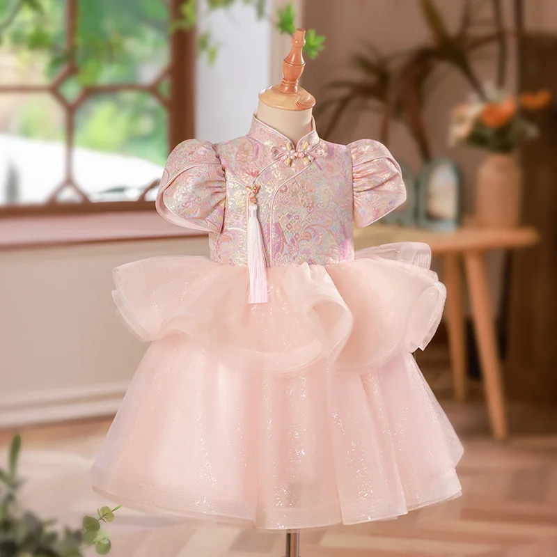 فستان عيد الميلاد الأول للفتيات على الطراز الصيني وردي الاتجاه الوطني Guzheng أداء زي فستان الأميرة للأطفال بدلة تانغ Ch #1