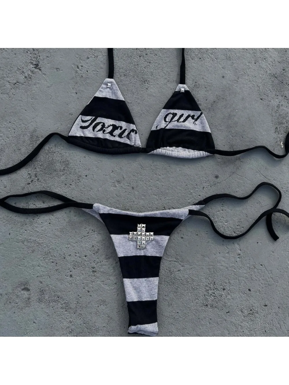 2026 New Summer Punk Street Trendy Striped Rivet Bikini Letter Printed Strap Split Swimsuit Sexy Fashion Personality Beach Y2K
