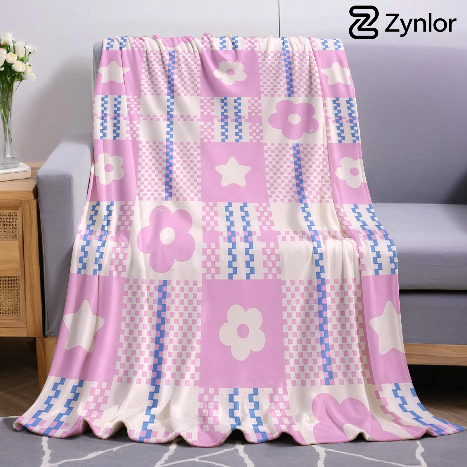 Gingham Star Floral Grid Lightweight Microfiber Soft Christmas Fleece Blanket Warm Cozy Throw for Sofa Office Travel All Season
