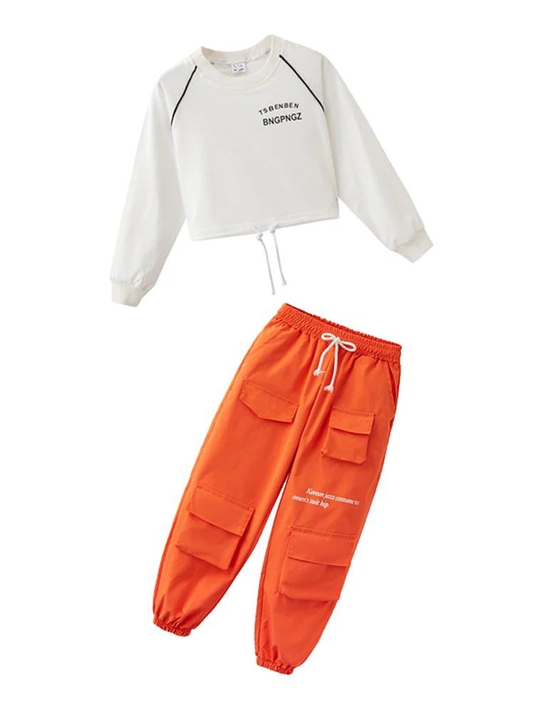 Ropa de Hip Hop para niños, traje de actuación de baile moderno, traje Kpop, traje de baile de Jazz para niñas, Tops cortos, pantalones Cargo naranja 2023