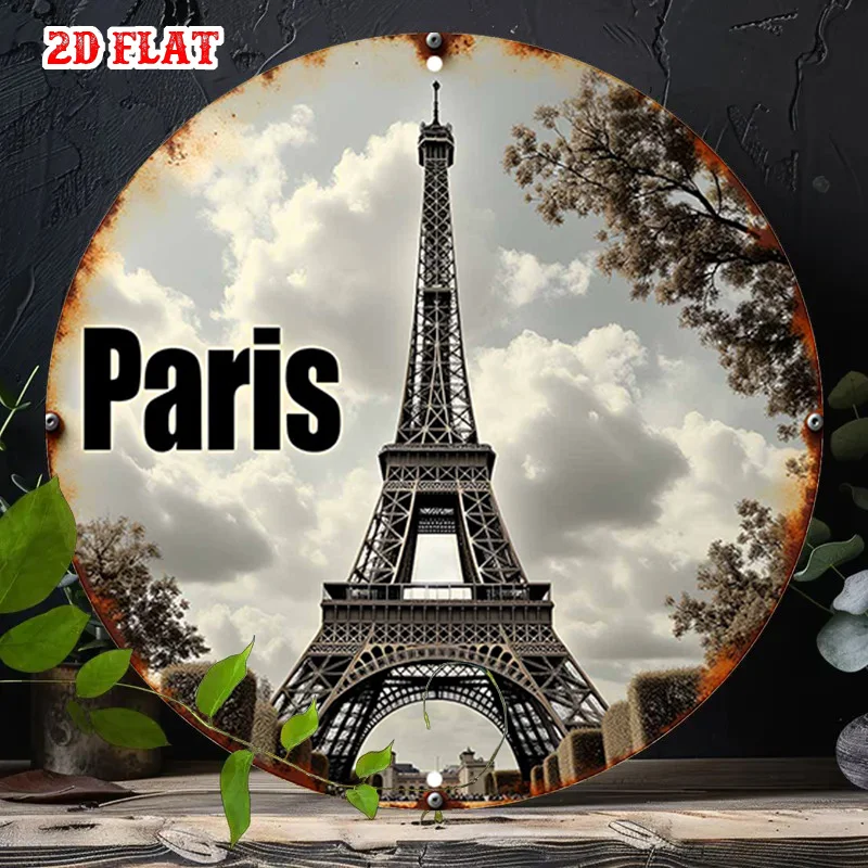 Panneau en aluminium rond 2D plat, thème Tour Eiffel, Décoration murale rustique en métal, Art mural en métal Paris