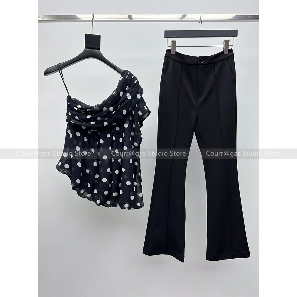 

Women's Temperament Polka Dot Asymmetric Slant Shoulder Design Top + High Waisted Slim Fit Flared Pants Set