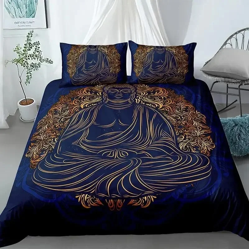 Mandala Buddha Duvet Cover Set,Bohemian Bedding Set Golden Black Lotus Flowers Print Luxury Microfiber Polyester Comforter Cover