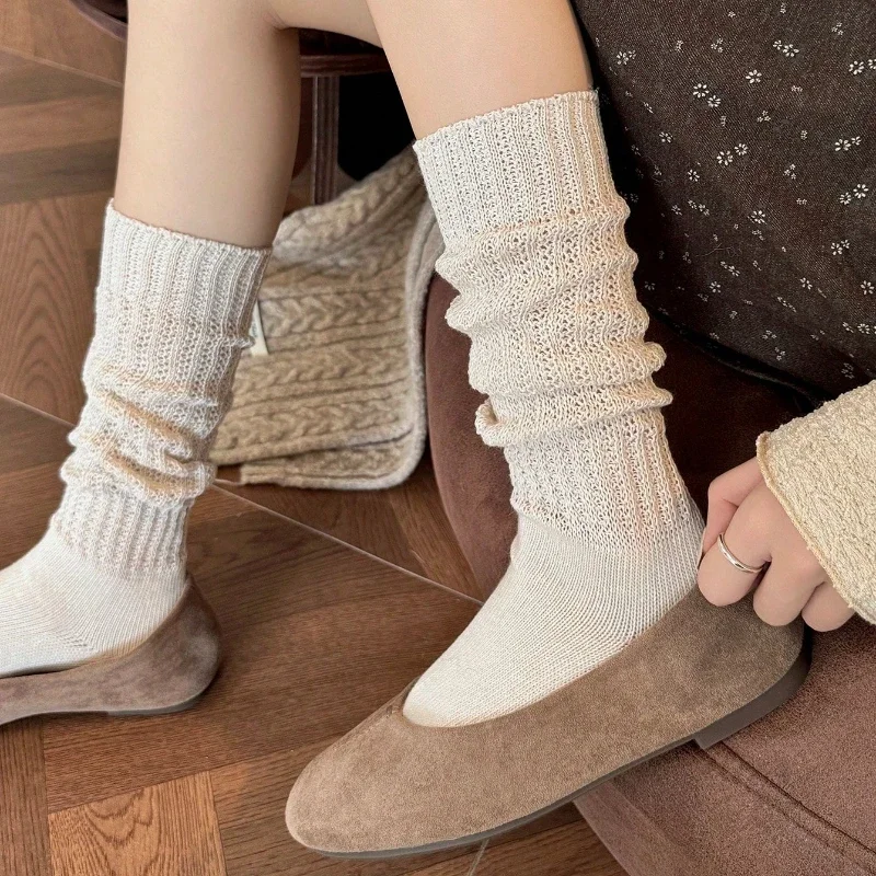 Women Knee High Socks Cotton Solid Color Breathable Hollow Out Fashion Women Stockings Korean Style School Socks