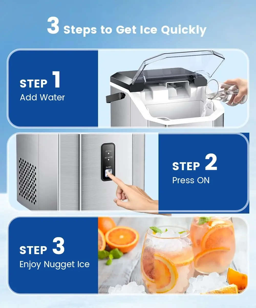 Portátil Nugget Ice Maker, bancada Ice Cubes Machine, Quick Ice Making, 34Lbs/Day, auto-limpeza, portátil, novo