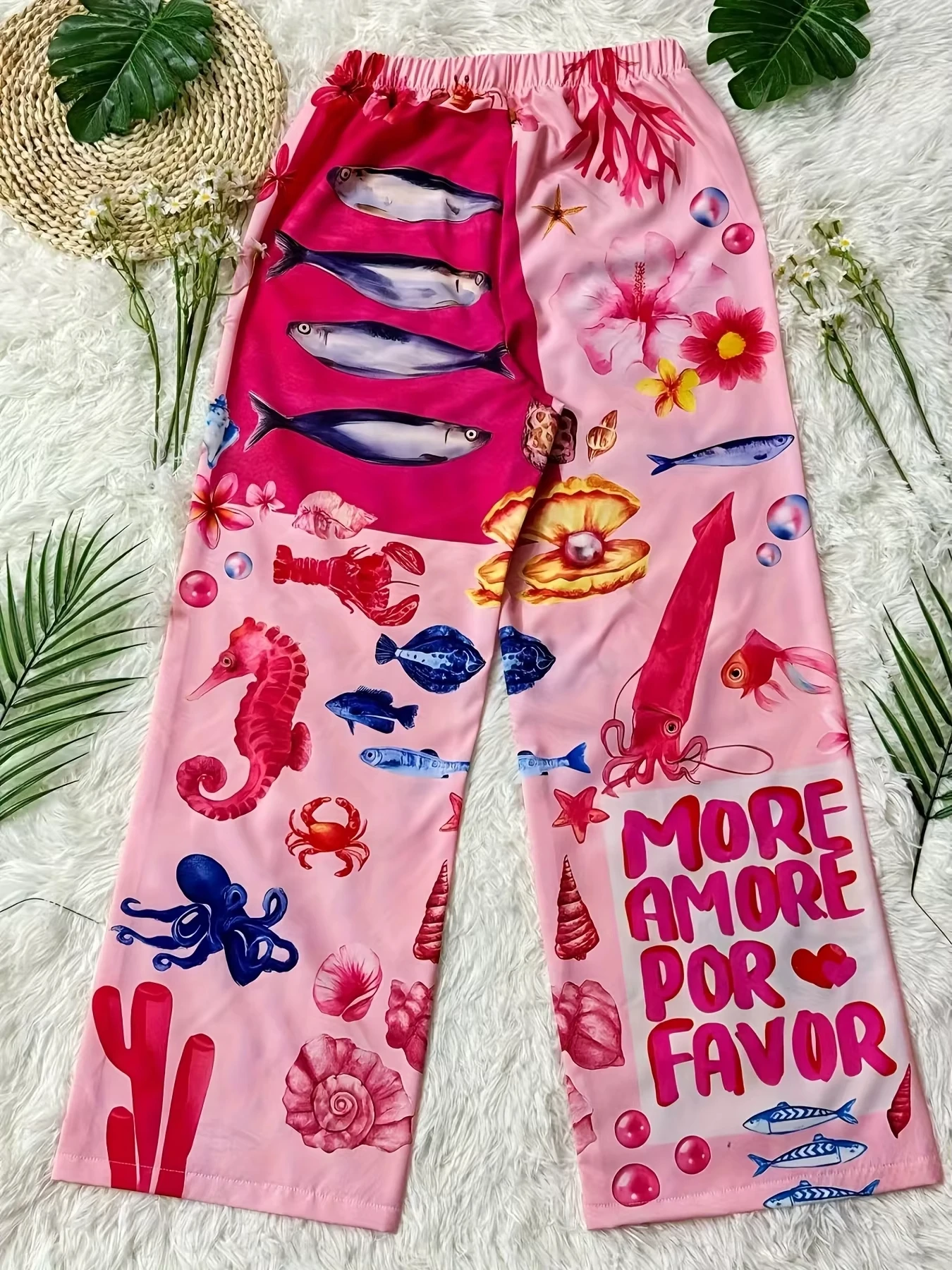 Tropical seafood, seashells, flowers, contrasting colors, vacation style, 3D printed pants, niche retro and lazy style pants