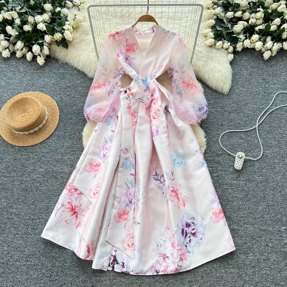 Clothland femmes élégant robe portefeuille en Satin à fleurs croix col en V à manches longues ceintures une ligne Vintage robes Maxi Vestido QE275