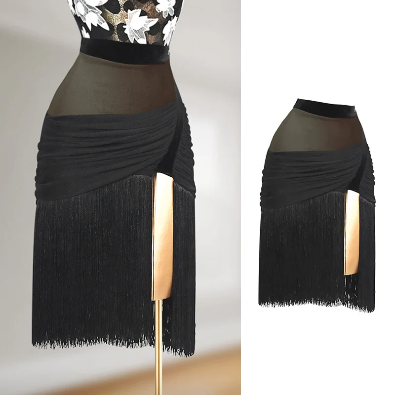 2023 New Latin Dance Skirt Sexy Black Fringed Split Skirt ChaCha Competition Costume Female Tango Samba Practice Wear VDB6621