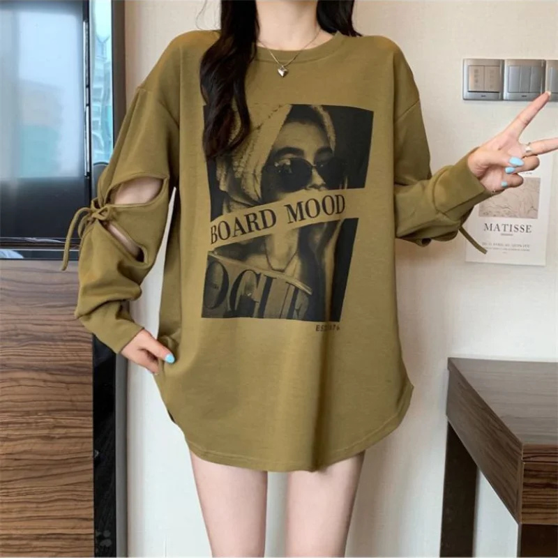 

2023 New Spring and Autumn Fashion Round Neck Print Heavy Duty Sleeve Hollow Out Design American Retro Oversize T-shirt Women