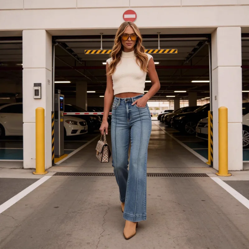Retro Washed High Waist Micro La Jeans Women's Wide Leg Pants Spring/Summer 2026 mid Seam Design Fashionable Casual Trousers