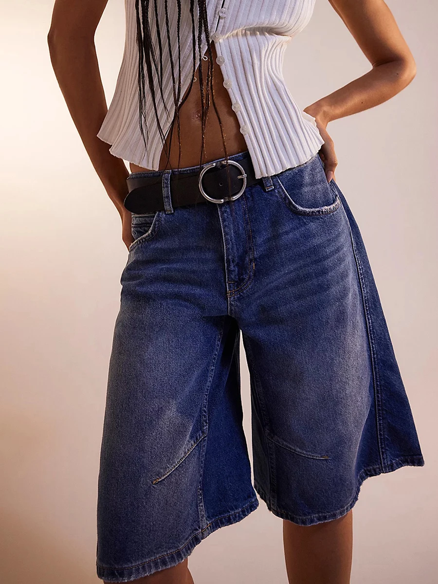 レディース膝丈デニムショートパンツ 無地 ローウエスト ワイドレッグ ジーンズショーツ 夏 クラブ ストリートスタイル S-2XL