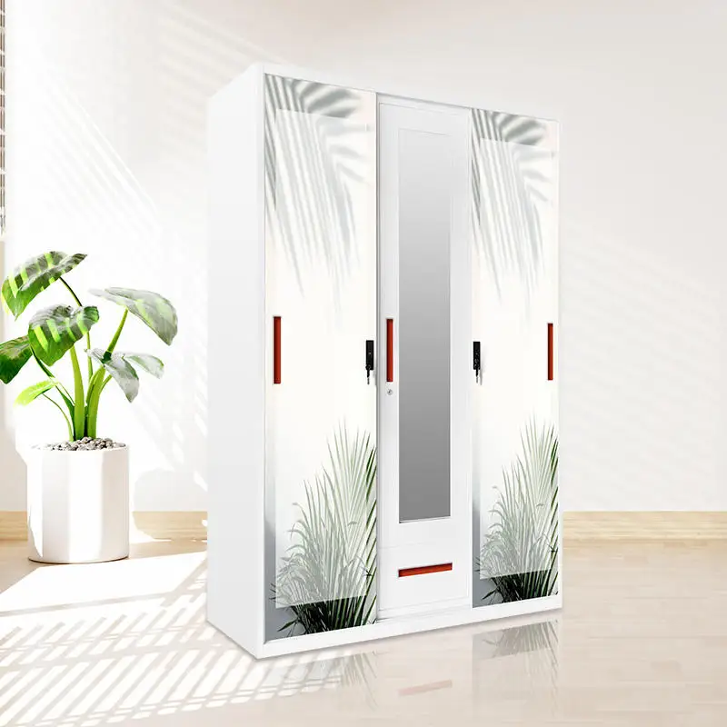 Metal Wardrobe Steel Cabinet  Almirah Bedroom Metal Furniture Closet Fancy Flower Wardrobe for bedroom storage