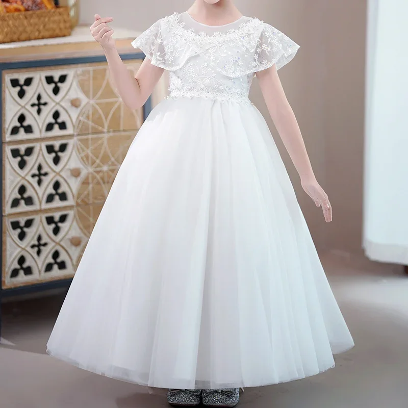 Girls' evening dress dinner hook flower Bat sleeve long mesh gauze princess dress flower child hosts the program #C245