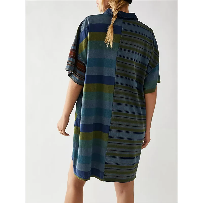 CGS-Women Contrast Striped Babydoll Y2k Summer Patchwork T- Shirt Dress Vintage V Neck Short Sleeve Dress