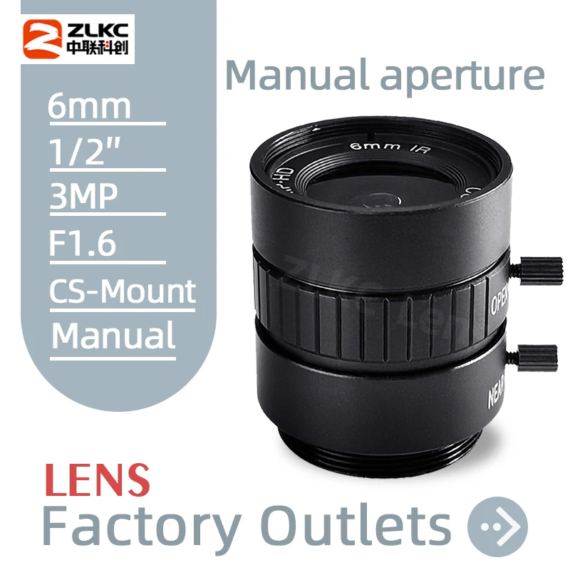 

3.0 Megapixel CS Mount 6 mm Fixed Focal Lenth Industrial with 1/2" Format Manual Iris F1.6 CCTV / Machine Vision Camera Lens 3MP