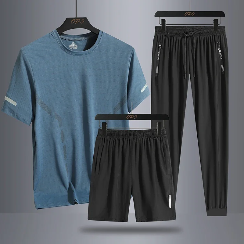 Men's Summer Simple Ice Silk Trendy Personalized Three Piece Set with Round Neck T-shirt, Shorts, Pants, Loose Sports Set