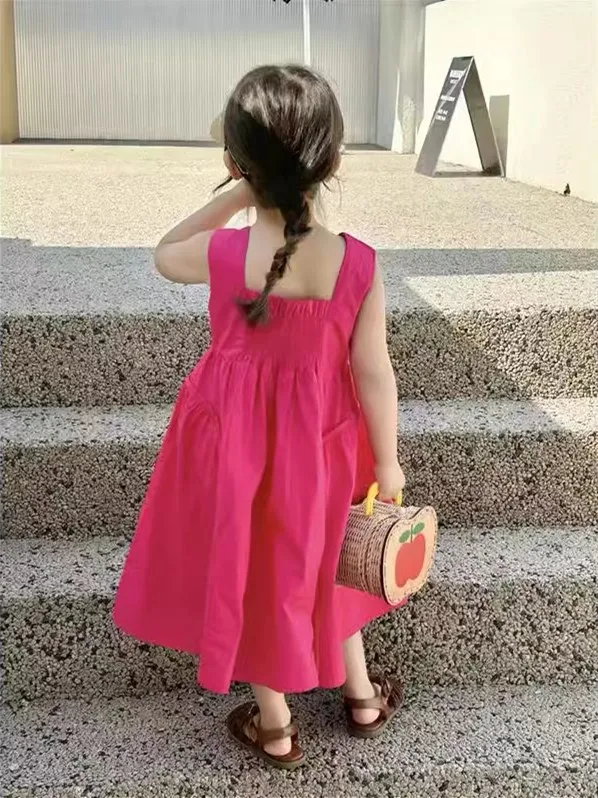فستان بناتي صيفي جديد لعام 2025 النسخة الكورية فستان بدون أكمام للأطفال سترة قطن للأطفال بلون سادة فستان بمزاج بسيط