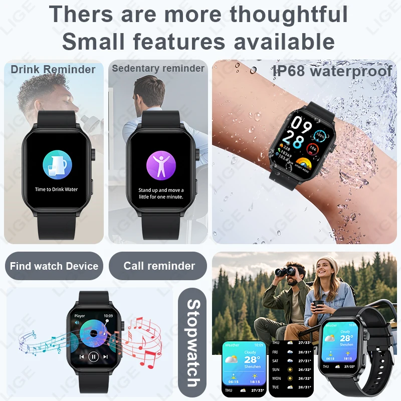 LIGE ساعة ذكية 2.01 بوصة HD شاشة كبيرة شحن مغناطيسي مكالمة لاسلكية تحكم بالموسيقى 123 + وضع رياضي ساعات ذكية للرجال جديد