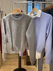 Solid Simple Knitted Sweater Woman Sweet Preppy Style Round Neck Soft  Cotton Pullover 2023 Casual Cute Long Sleeve Jumper Top