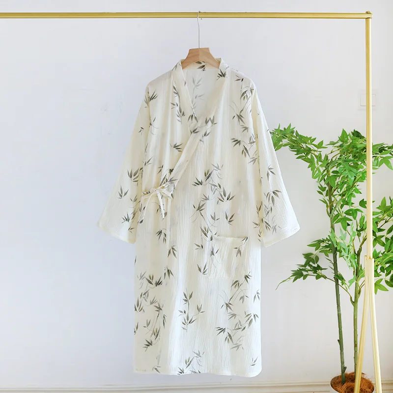 Cotton Fabric Bamboo Printed Sleepwear Bathrobes for Women Spring and Summer Double-layer Thin Home Clothing Pyjamas Robes 4