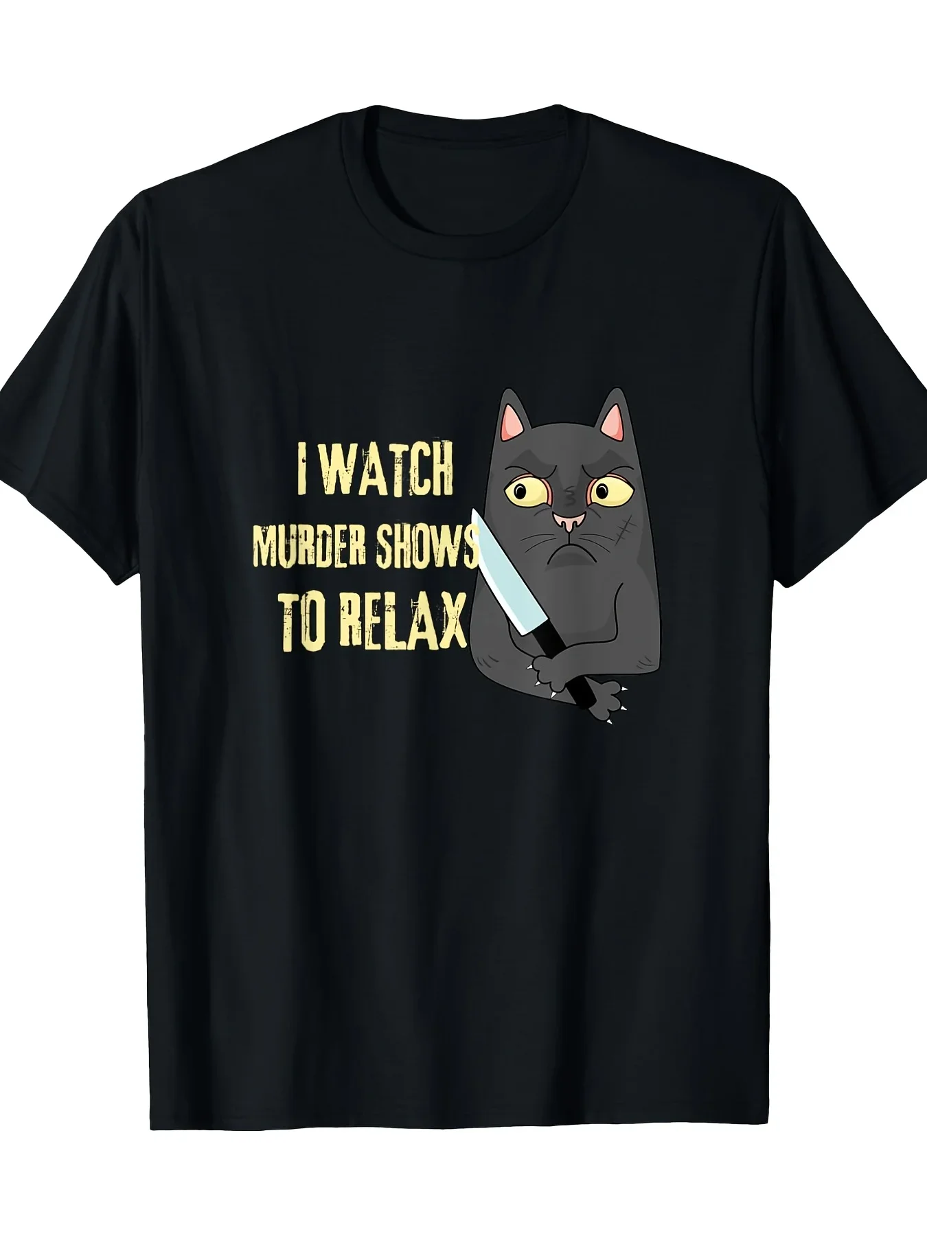 

I Watch Murder Shows To Relax Cat Graphic Tee Cotton Casual Short Sleeve T-Shirt For Men