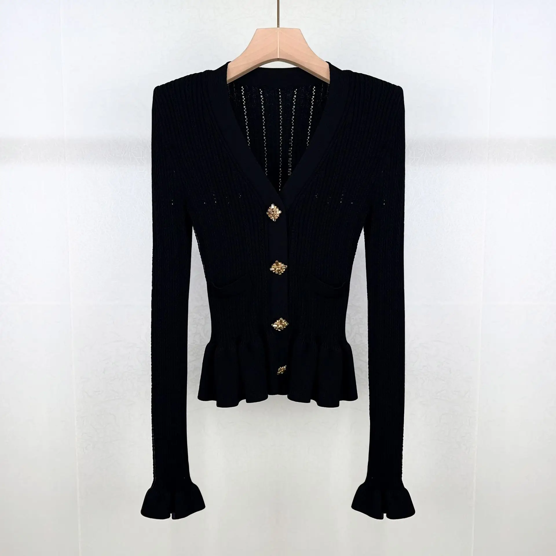 Cardigan for Women 2024 New Spring Autumn Suffles V-neck Hollow Out Slim Casual Long Sleeve Sweater